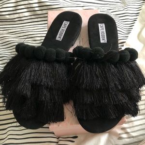 Black Fringe Pom Pom Sandals